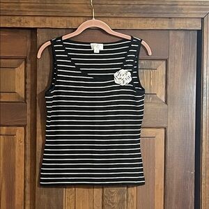 LOFT Black and White Striped Tank Top with Floral Accent